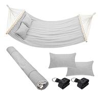 Bakaji Hamaca de jardín Doble de 2 plazas, 232 x 148 cm, Barras transversales de Madera, Revestimiento de polialgodón con 2 Cojines y Correas de diseño Moderno para jardín,(Gris Claro)