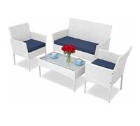 BAKAJI Juego Completo de salón de jardín con sofá, 2 sillones y Mesa con Estante de Cristal, salón de Exterior con Estructura de ratán sintético Blanco, Cojines desenfundables, terraza, balcón y Bar