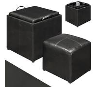 BAKAJI Juego de 2 pufs contenedores de Piel sintética de Color Negro con Tapa 2 en 1, Convertible, Bandeja de Servir, Taburete con Compartimento Multiusos, cómodo Acolchado, reposapiés con Estructura