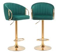 BAKAJI Juego de 2 taburetes de cocina con altura ajustable y revestimiento de tela, sillas de bar, restaurantes, con estructura dorada y reposapiés, taburete giratorio con respaldo cómodo acolchado