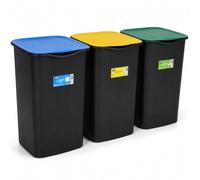 BAKAJI Juego de 3 cubos de basura para recogida selectiva, cubos de basura de 50 litros con tapa de color verde, azul y amarillo, contenedores de basura para exterior e interior, 37,5 x 36 x 62 cm