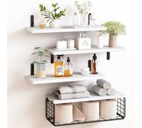 BAKAJI Juego de 4 + 1 estantes de Pared de Madera Maciza, estantes de Pared Multiusos, Soportes y Cesta de Metal, estantería para Dormitorio, salón, Cocina, baño, librería, Ahorro de Espacio (Blanco)