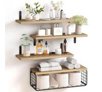 BAKAJI Juego de 4 + 1 estantes de Pared de Madera Maciza, estantes de Pared Multiusos, Soportes y Cesta de Metal, estantería para Dormitorio, salón, Cocina, baño, librería, Ahorro de Espacio (Roble)