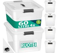 BAKAJI Juego de 4 contenedores con tapa para ropa de plástico con ruedas, portaobjetos apilables para almacenamiento de ropa, cajas para armario, juguetes, libros, ahorra espacio (4 x 60 l alto)