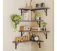 BAKAJI Juego de 4 estantes de Madera angulares, estantería esquinera para Montaje en Pared, Barras de Metal, estantería para Dormitorio, salón, Cocina, baño, librería Que Ahorra Espacio (Gris)