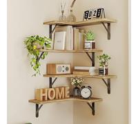 BAKAJI Juego de 4 estantes de Madera angulares, estantería esquinera para Montaje en Pared, Barras de Metal, estantería para Dormitorio, salón, Cocina, baño, librería Ahorra Espacio (Roble)
