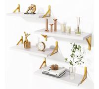 BAKAJI Juego de 4 estantes de Pared de Madera Blanca con Soportes de Metal Dorado, estantería de Pared Multiusos Montaje Creativo, estantería para Dormitorio, salón, Cocina, baño, librería para
