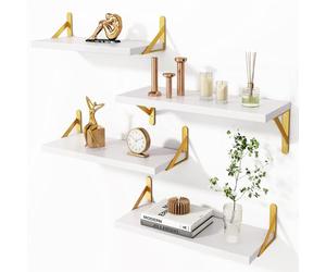 BAKAJI Juego de 4 estantes de Pared de Madera Blanca con Soportes de Metal Dorado, estantería de Pared Multiusos Montaje Creativo, estantería para Dormitorio, salón, Cocina, baño, librería para