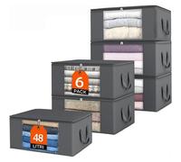 BAKAJI Juego de 6 cajas con capacidad de 48 litros para ropa que ahorra espacio, contenedores organizadores plegables, extragrandes, ideales para dormitorio, armario, con ventana frontal transparente