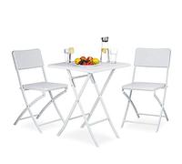 BAKAJI Juego de Mesa Plegable de 62 x 62 cm + 2 sillas Plegables, para decoración de Exteriores, jardín, terraza, Estructura de Acero Inoxidable y Asientos de ratán sintético (Blanco)