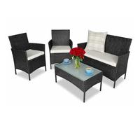 BAKAJI Juego de salón Completo con sofá de 2 sillones y Mesa de Cristal y ratán, Estructura de Acero galvanizado con Cojines extraíbles, decoración de jardín, terraza, diseño Moderno, Color Negro