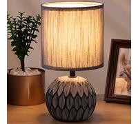 BAKAJI - Lámpara de mesa con base esférica decorada en cerámica, pantalla de tela gris, luz de mesita de noche, bombilla E14 máx. 40 W, lámpara de diseño moderno, medidas 26 x 14 cm