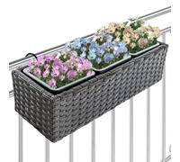 BAKAJI Macetero con efecto ratán con ganchos y anillos para balcón, maceta para flores de balcón y mesa para exteriores e interiores, soporte con 3 compartimentos resistentes a los rayos UV, 49 x 19 x