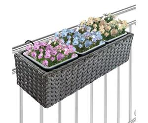 BAKAJI Macetero con efecto ratán con ganchos y anillos para balcón, maceta para flores de balcón y mesa para exteriores e interiores, soporte con 3 compartimentos resistentes a los rayos UV, 49 x 19 x