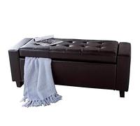 BAKAJI Marrón Baúl Puf Contenedor Banco Taburete Reposapiés Madera y Eco Cuero, 110 x 40 x 40 cm