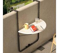 BAKAJI Mesa Auxiliar de barandilla para Exterior, balcón Plegable, Ahorro de Espacio, Altura Ajustable, Estructura de Metal y Tablero de polirratán xon portavasos Dimensiones 60 x 64 cm (Blanco)