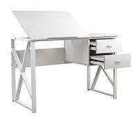 BAKAJI Mesa de Trabajo con cajonera 2 cajones y Tablero reclinable, con Estructura de Metal y Tablero de Madera DM, decoración del hogar, Oficina, 110 x 75 x 55 cm, Color Blanco
