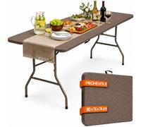 BAKAJI Mesa Plegable de Resina HDPE con Tablero Efecto ratán marrón | Mesa de exterior e interior, plegable, tipo libro con asa, ideal para fiestas, jardín, buffet