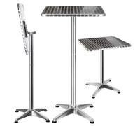 BAKAJI Mesita de Aluminio para Exterior Plegable 60 x 60 cm con Altura Ajustable 70/110 cm Mesa Bistrot Estante Superior de Acero Inoxidable Cuadrado para Bar, casa, jardín, Restaurante Plateado