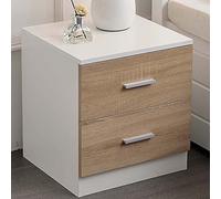 BAKAJI Mesita de Noche para Dormitorio, Armario con 2 cajones, asa de Metal, diseño Moderno, de Madera MDF, Mueble para el hogar, tamaño 44 x 40 x 38 cm, Color Blanco y Roble (2 cajones)