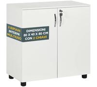 BAKAJI Mueble de oficina de madera blanca con cerradura y doble llave, mueble multiusos con llaves y ruedas giratorias 360°, porta documentos con doble puerta, 80 x 40 x 80 cm