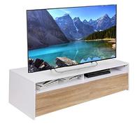 BAKAJI Mueble Mueble de TV de Madera MDF con Base de televisión, 2 Compartimentos Abiertos y 2 Puertas, tamaño 130 x 40 x 35,5 cm, Color Blanco y Roble, diseño Moderno, decoración del hogar
