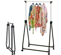 BAKAJI Perchero individual plegable ajustable de acero y plástico duradero, barras telescópicas, fácil de montar con 4 ruedas, exposición de tienda, colgar ropa profesional (negro)