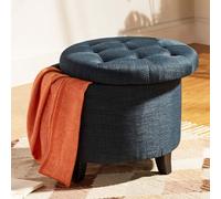 BAKAJI Puf contenedor reposapiés de Madera con Compartimento Interior, baúl de Almacenamiento con Asiento Acolchado, Taburete Redondo, 51 x 51 x 43 cm, para salón, Dormitorio, Color Azul Lino