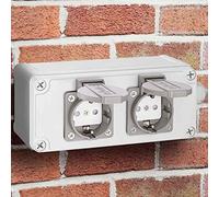 Bakaji Shucko - Regleta eléctrica con 2 tomas de corriente y caja de pared para exterior, jardín, impermeable IP54, de plástico ABS ignífugo con puerta y protección para niños, tamaño 20 x 8 x 9 cm