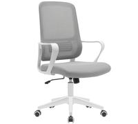 BAKAJI Silla de escritorio ergonómica con ruedas giratorias antiarañazos, respaldo de tela transpirable y soporte lumbar, sillón de estudio u oficina, ajuste de altura de gas 98-108 cm (gris y blanco)