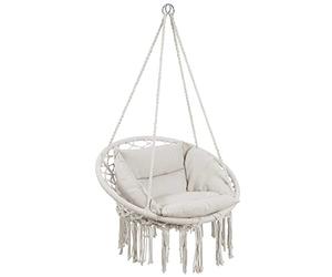 Bakaji Sillón Colgante de Exterior jardín de Cuerda de algodón, Silla Mecedora Colgante Hamaca terraza Camping con Estructura Circular de Acero Asiento Acolchado cojín diseño Moderno (Beige)