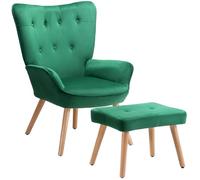 BAKAJI Sillón con Taburete para salón, sillón con puf, reposapiés, Silla para Dormitorio, Acolchada, con Revestimiento de Terciopelo Suave, reposabrazos Altos, diseño Moderno (Verde)