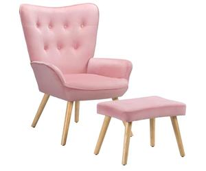BAKAJI Sillón con Taburete para salón, sillón con puf, reposapiés, Silla para Dormitorio, Acolchada, Funda de Terciopelo Suave, reposabrazos Altos, diseño Moderno, Color Rosa