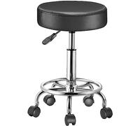 BAKAJI Taburete con ruedas redondas, asiento de piel sintética y base de acero giratorio de 360°, altura ajustable, acolchado con grosor de 10 cm, ideal para casa, esteticista, estudio médico (negro)