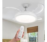BAKAJI Ventilador lámpara de techo Ø106 cm de acero y 4 aspas de ABS plegables retráctiles, plafón 36 W LED cambio color, 3 velocidades e inversión rotación, temporizador y mando a distancia (blanco)