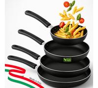 BAKAJI Vulcano - Juego de 4 sartenes de 16-20 - 24-28 cm de diámetro, fabricadas en Italia, revestimiento antiadherente sin PFOA, cocción homogénea, mango térmico Cool y Soft Touch, ideal para