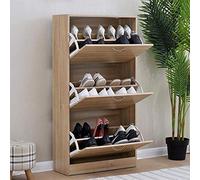 BAKAJI Zapatero de madera MDF color beige roble con 3 puertas abatibles y doble profundidad, 60 x 24 x 120 cm