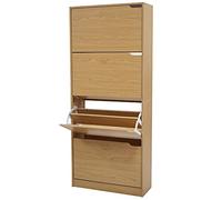 BAKAJI Zapatero de Madera MDF con 4 Puertas para Zapatos abatibles, Asas retráctiles, Doble Profundidad, tamaño Compacto, Delgado, 63 x 24 x 150 cm, Ahorra Espacio de Entrada de casa (Roble)