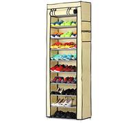 BAKAJI Zapatero para ahorrar espacio, con 11 estantes, 60 x 30 x 175 cm, hasta 30 pares de zapatos, estructura de acero y revestimiento tela TNT impermeable con cierre de cremallera antipolvo (Beige)