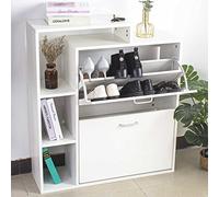BAKAJI Zapatero para zapatos de ahorro de espacio delgado con estantería estantería estantería de 4 estantes de madera MDF con 2 puertas abatibles y doble profundidad, tamaño 80 x 24 x 90,5 cm, diseño