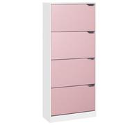 BAKAJI Zapatero zapatero de madera MDF con 4 puertas para zapatos abatibles, asas retráctiles, doble profundidad, tamaño compacto, 63 x 24 x 150 cm, ahorra espacio en la entrada de casa (rosa y blanco