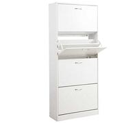 BAKAJI Zapatero Zapatero de Madera MDF con 4 Puertas Porta Zapatos abatibles, Asas de Metal de Doble Profundidad, tamaño Compacto Slim 63 x 24 x 150 cm Entrada Casa (Blanco Fresno)
