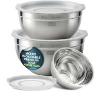 Baker's Signature Juego de 3 cuencos de acero inoxidable para mezclar con tapa, juego de 3 cuencos de metal para preparar alimentos, hornear, almacenar, cocinar, servir, apto para lavavajillas y