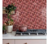 Baldosas Adhesivas Pared Mosaico De Mármol Rojo Azulejos Adhesivos para Baño Dormitorio Impermeables Resistentes al Calor Vinilo Cocina Azulejos Paneles Adhesivos Pared 15.25x15.25 cm/ 10 pcs