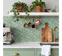 Baldosas Adhesivas Pared Mosaico Verde Retro Azulejos Adhesivos para Baño Dormitorio Impermeables Resistentes al Calor Vinilo Cocina Azulejos Paneles Adhesivos Pared 15.25x15.25 cm/ 10 pcs