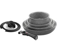BALLARINI Torre - Juego de 6 sartenes y cacerolas (revestimiento de cerámica, inducción, mango extraíble, tapa con asas plegables, aluminio, color gris