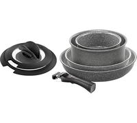 BALLARINI Torre - Juego de sartenes y cazo (7 piezas, revestimiento cerámico, inducción, mango extraíble, 2 tapas con asas plegables, aluminio), color gris