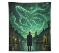 Ballena Astral Luminosa Tapiz de Pared, Fantasía urbana surrealista