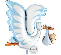 balloa Globo de plástico de cigüeña con bebé, XXL, decoración para | Cigüeña con bebé en tela azul, globo XXL de helio, sin relleno, decoración simbólica para nacimiento de niño