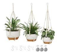 Bamworld 3 Colgadores de Macramé para Plantas de Interior con Cadena, Macetas Colgantes de Autoriego con Orificios de Drenaje y Plato Removible, Blanco (28/23/20 cm)